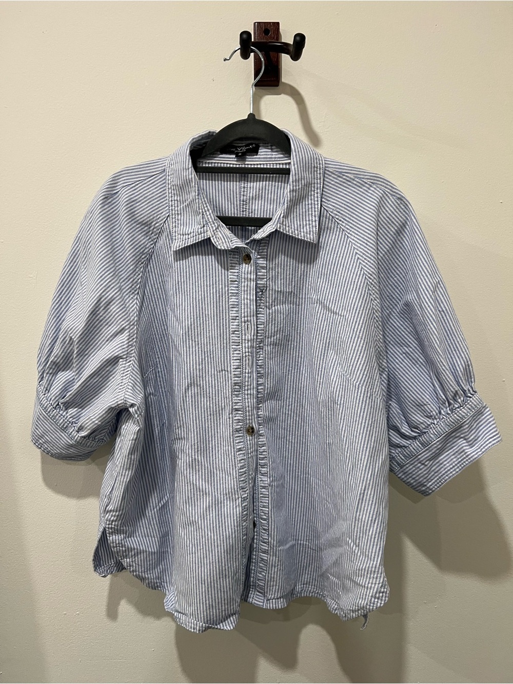 100% Cotton Blue Striped Puff-Sleeve